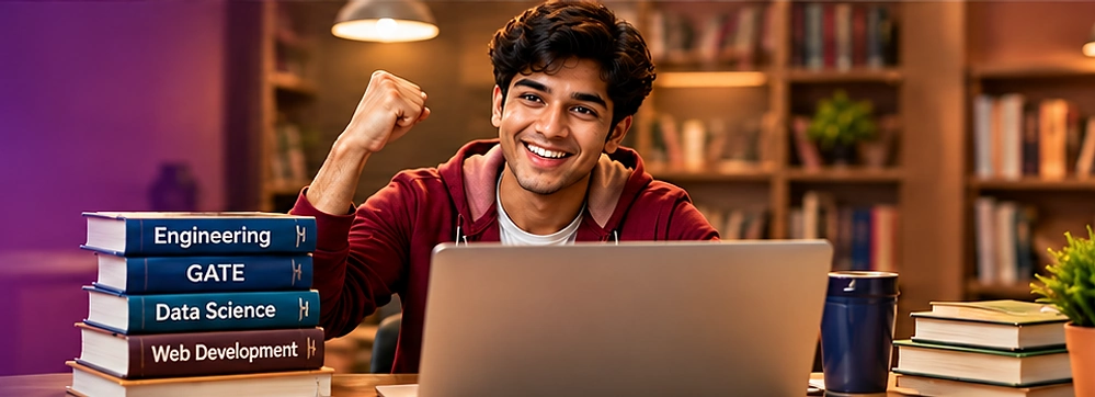 A cheerful student at a laptop beside a stack of Engineering, GATE, Data Science and Web Development books